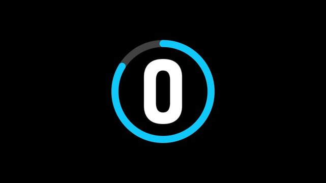 5 second countdown timer animation number text from 5 to 0 with interesting circle animation. Circle countdown timer 5 sec animation isolated on dark background.