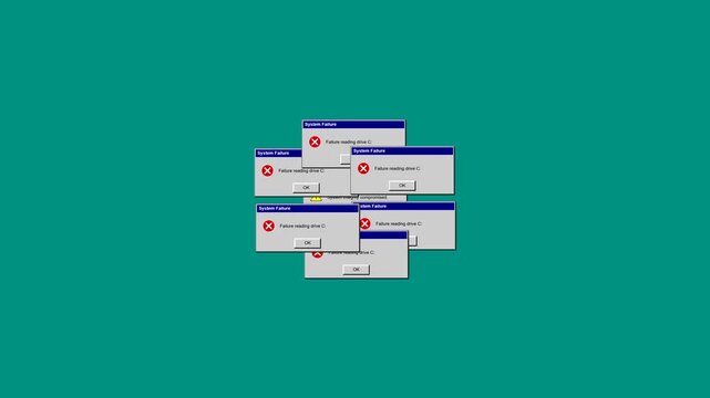 Retro computer error windows multiplying on a green screen
