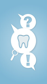 Dental health FAQ graphic featuring a tooth symbol, magnifying glass, question mark, and exclamation mark in white speech bubbles against a soft blue background for professional advice