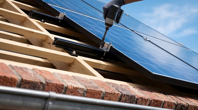 Professional solar panel installation on a residential roof frame using power tools to secure brackets for renewable energy and green home efficiency concept.