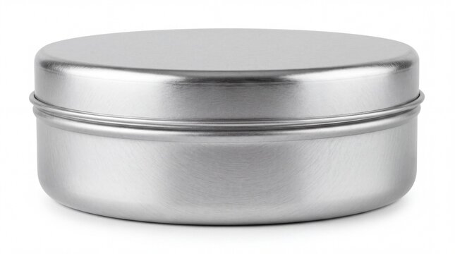 Round silver metal tin mockup on white background