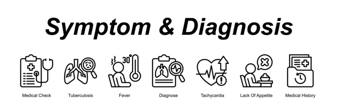 Symptom & Diagnosis web banner icon concept for with icon of Medical Check, Tuberculosis, Fever, Diagnose, Tachycardia, Lack Of Appetite, Medical His.