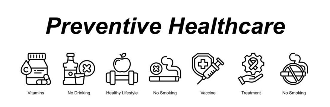 Preventive Healthcare web banner icon concept for with icon of Vitamins, No Drinking, Healthy Lifestyle, No Smoking, Vaccine, Treatment, No Smoking.