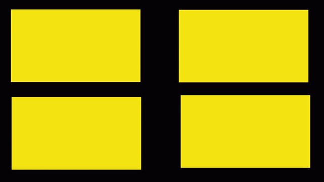 Transition elements for green four window frame grid animation on black transparent background. Split screen film frame matte animation. Split screen 2D motion graphics animation elements
