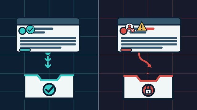 Cybersecurity 2D animation comparing safe email delivery versus a compromised phishing message
