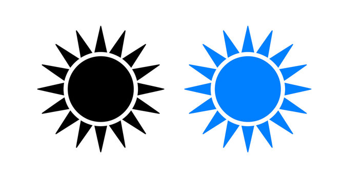 Black and blue sun icons with sharp rays isolated in a simple flat graphic design style set