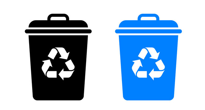Black and blue recycle bin icons with a classic trash can design for waste management symbol