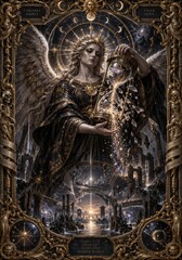 Fototapeta premium Mystical angelic figure with detailed golden frame and celestial background art