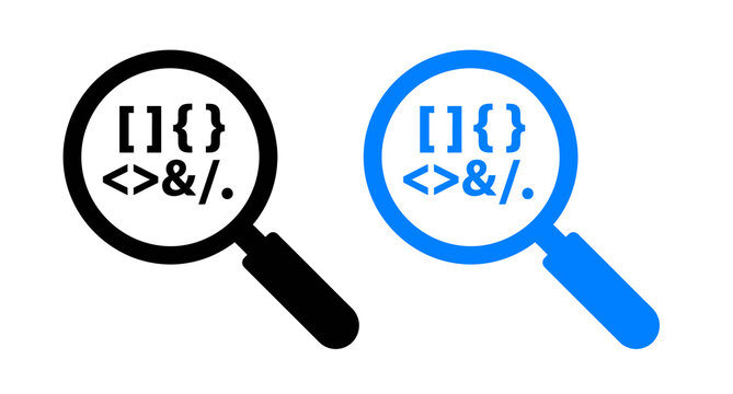 Black and blue magnifying glass icons looking at computer programming code symbols set