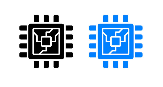 Computer chip icons set showing a black and blue processor unit for digital tech hardware