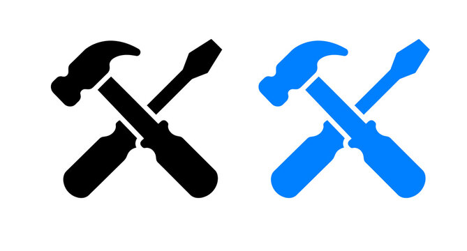 Black and blue hammer and screwdriver crossed icons representing construction and repair tools