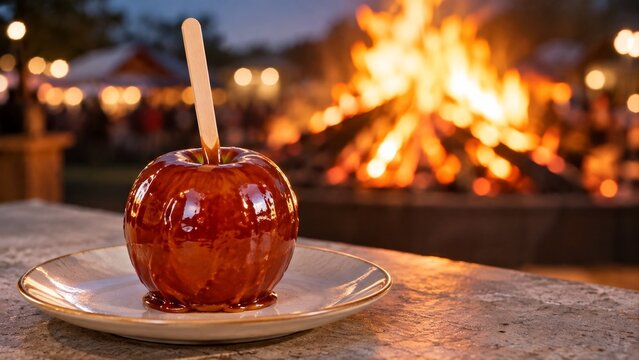 Traditional toffee apple or candy apple on a plate with glowing bonfire background during Guy Fawkes Night festival