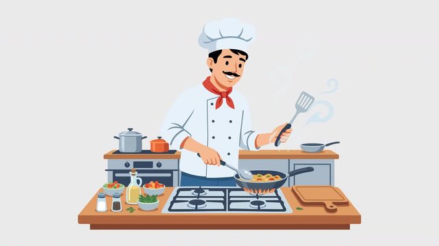 4K Cinematic Animation of a Male Chef Cooking in Kitchen with Spices on the Table