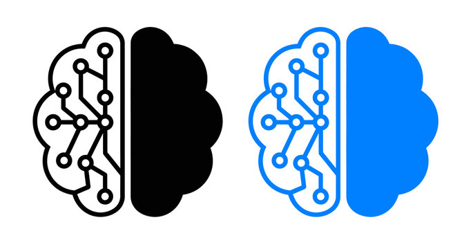 Black and blue human brain icon with digital circuit board lines for artificial intelligence