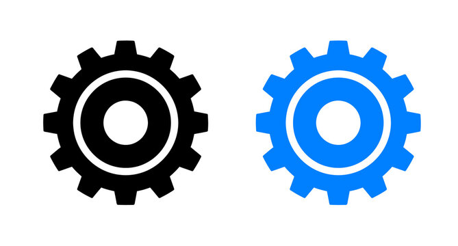 Black and blue gear wheel icons set for mechanical engineering and business process symbols