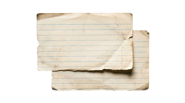 Two old lined index cards with weathered edges overlap slightly against a pure transparent background.