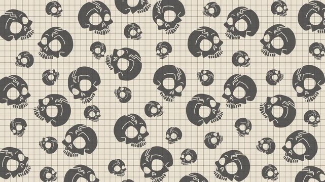 Seamless skull pattern loop on beige grid background