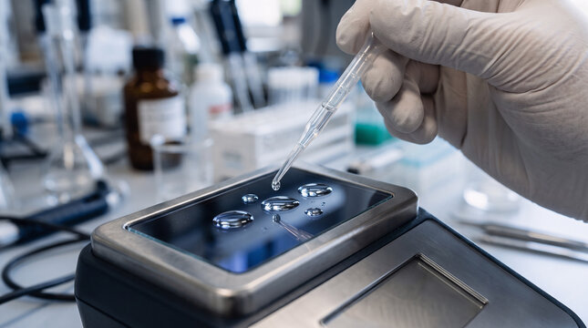 laboratory professional using digital refractometer for liquid analysis, extreme close-up of gloved hand in modern research laboratory