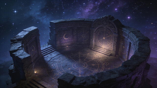 Ancient stone altar with celestial compass under starry night sky