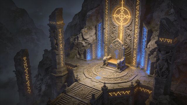 Fantasy throne room with glowing altar and ancient carvings inside