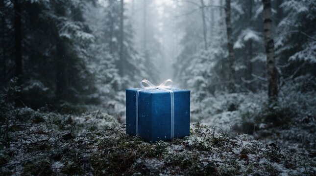 Blue gift box in a snowy forest landscape surrounded by trees  
