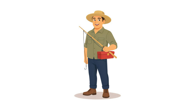 Man in straw hat holding fishing rod and tackle box fisherman reel