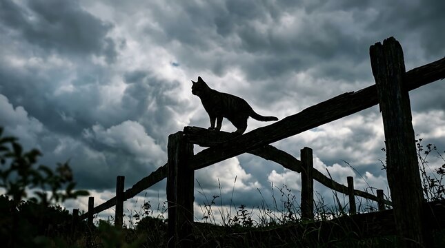 Low angle shot of cat on wooden fence against cloudy sky, dramatic silhouette lighting, moody pet photography