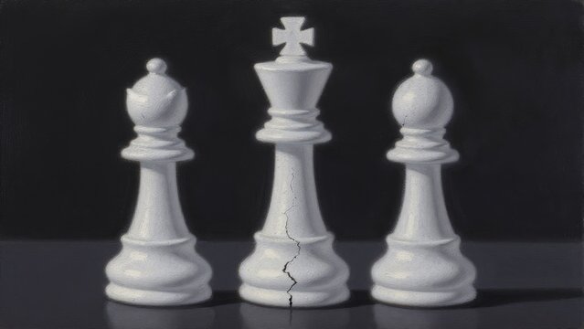 Cracked White Chess Pieces Symbolizing Loss and Uncertainty in Strategy