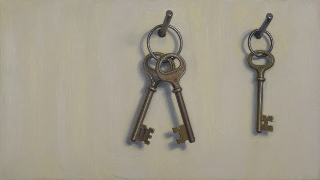 Vintage Keys on a Keyring Hanging on a Wall in Soft Lighting