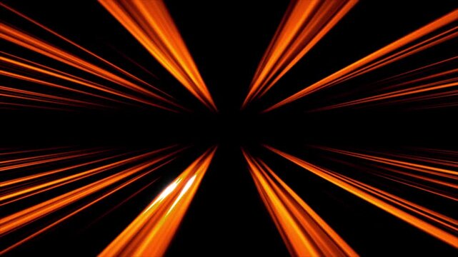 Abstract orange glowing light trails zooming forward on a black background, hyper speed motion concept.