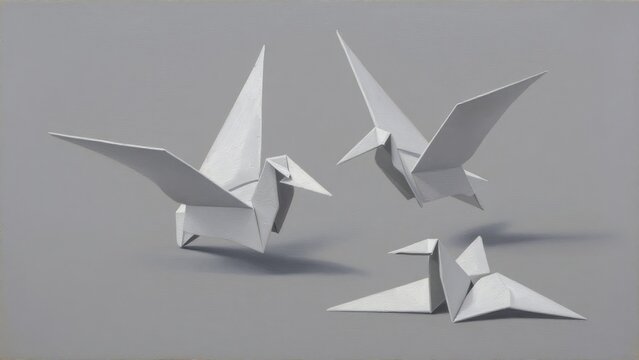 Elegant Origami Birds in Simple Gray Background with Dynamic Poses