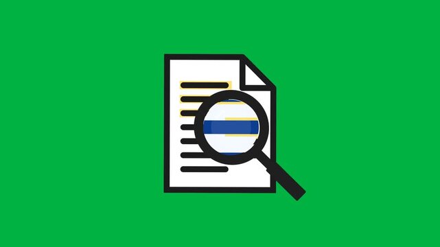 Document scanning animation with magnifying glass highlighting text lines, digital inspection process, document review, verification, search, and information analysis concept.