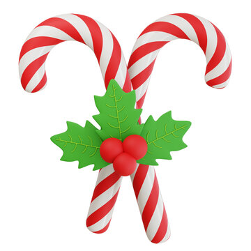 Traditional Christmas candy cane 3d rendered icon isolated on transparent background