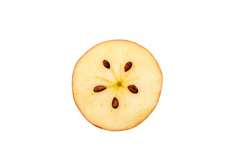 Fresh apple cross-section with visible brown seeds, isolated on a transparent background. Simple overhead food image with ample copy space. © Mukta