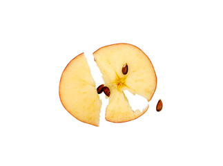 Top view of a sliced apple with separated wedges and brown seeds, isolated on a transparent background with copy space. © Mukta