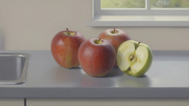 Fresh Red and Green Apples on Kitchen Counter with Window Light
