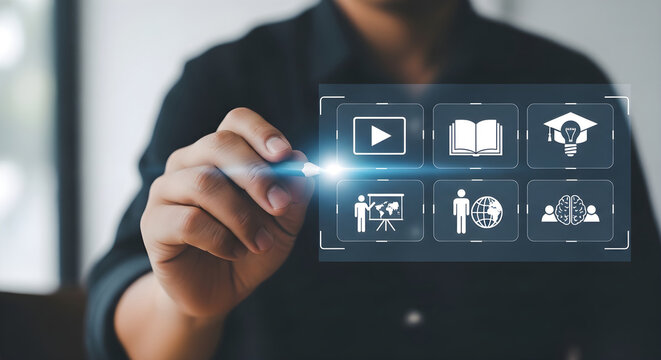 Digital learning interface featuring educational icons for modern business training and professional development solutions for corporate growth