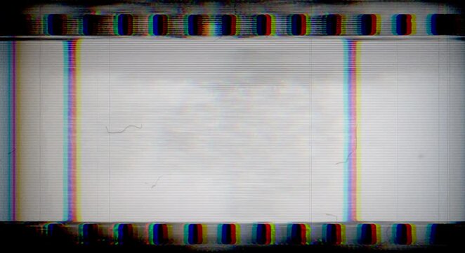 Vintage film strip celluloid background featuring retro film grain, scratches, flicker, RGB chromatic aberration and glitch effects suitable for overlays, transitions
