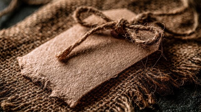 Blank natural paper tag with twine on rough textile