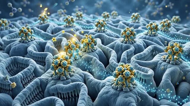 3D Motion Graphic Loop of Microscopic Mitochondria Cristae Network with ATP Synthase Complexes Generating Energy