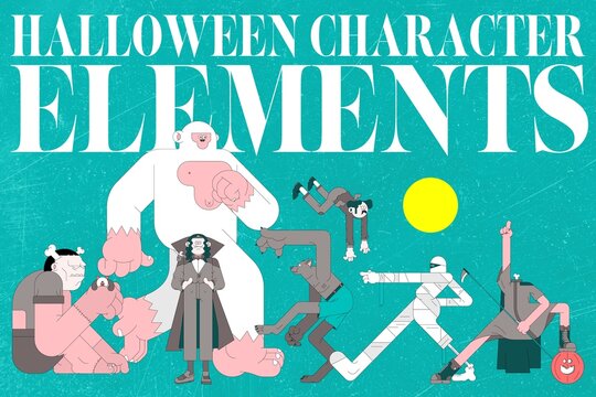 Cartoon Halloween characters in various costumes on a teal background.