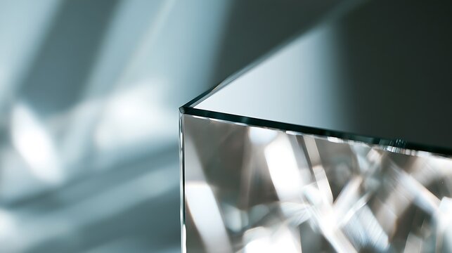 Macro view of a sharp geometric crystal corner reflecting light.