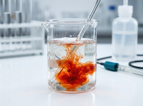 Chemical reaction in laboratory beaker with red liquid