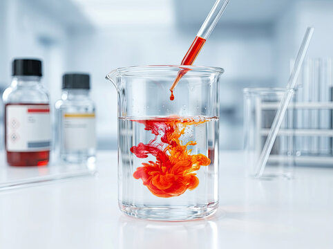 Colorful liquid mixing in beaker creates vibrant visual effect, showcasing chemistry