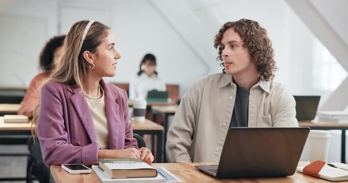University, students and laptop in class with help, explain study material and peer support for exam. Tech, happy people and advice for college essay topic, lecture slides revision or share knowledge