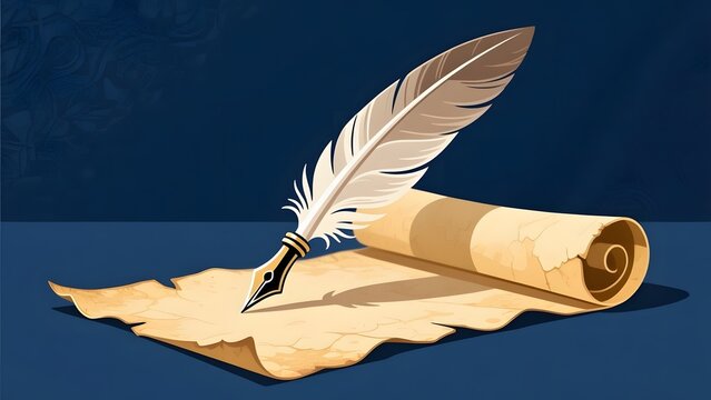 Vintage feather quill pen resting on aged parchment scroll, antique writing concept, classic calligraphy stationery
