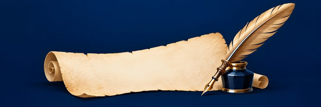 Vintage parchment scroll with feather quill pen, antique paper banner with inkwell, classic calligraphy writing set
