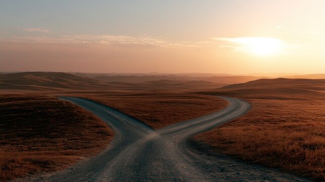 Two roads diverge scenic landscape at sunset