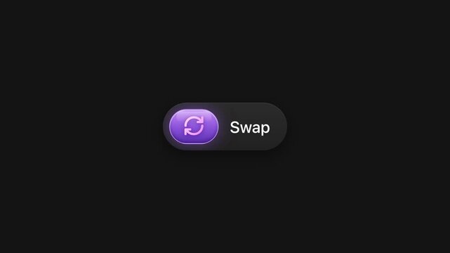 Animated swap button with glowing purple icon user interface motion graphic on dark background