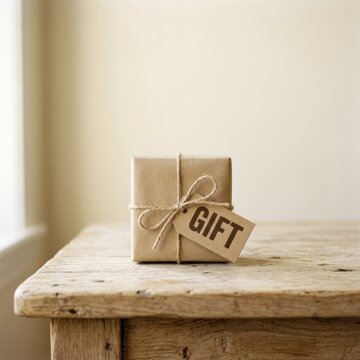 Elegant gift package with twine and label on rustic wooden surface near natural light with showcases neatly wrapped gift box tied natural twine handwritten label